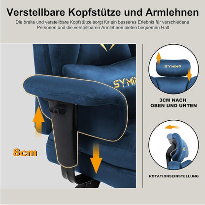 Gaming Stuhl mit Fußstütze, Blau Wildlederimitat