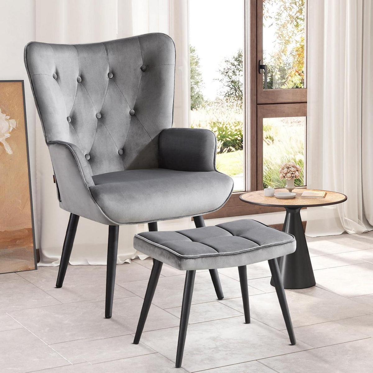 Samt Ohrensessel mit Hocker – Grau, Wohnzimmer Relaxsessel