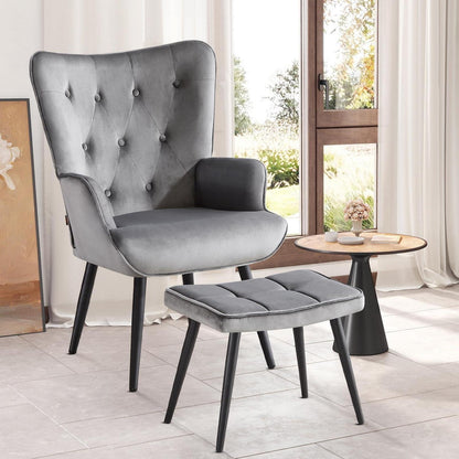 Samt Ohrensessel mit Hocker – Grau, Wohnzimmer Relaxsessel