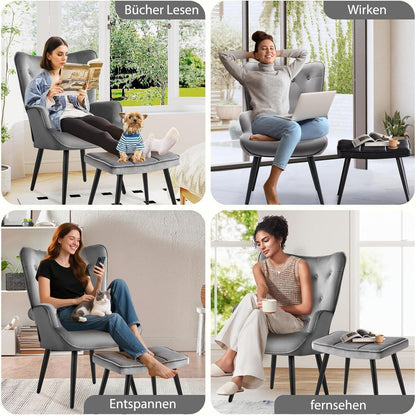 Samt Ohrensessel mit Hocker – Grau, Wohnzimmer Relaxsessel