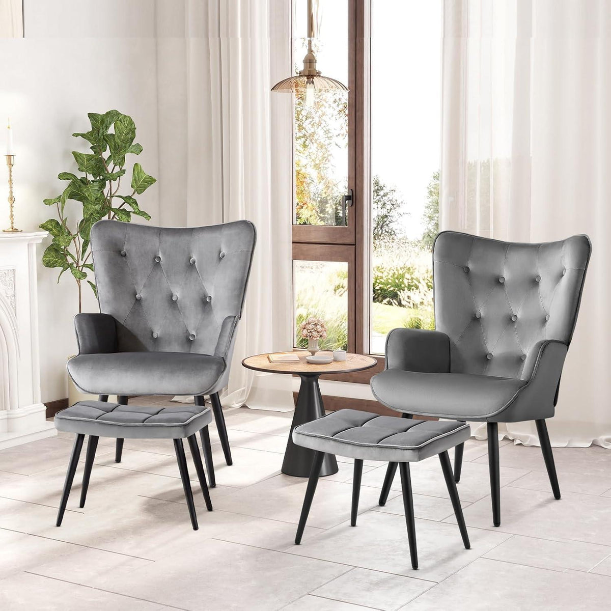 Samt Ohrensessel mit Hocker – Grau, Wohnzimmer Relaxsessel