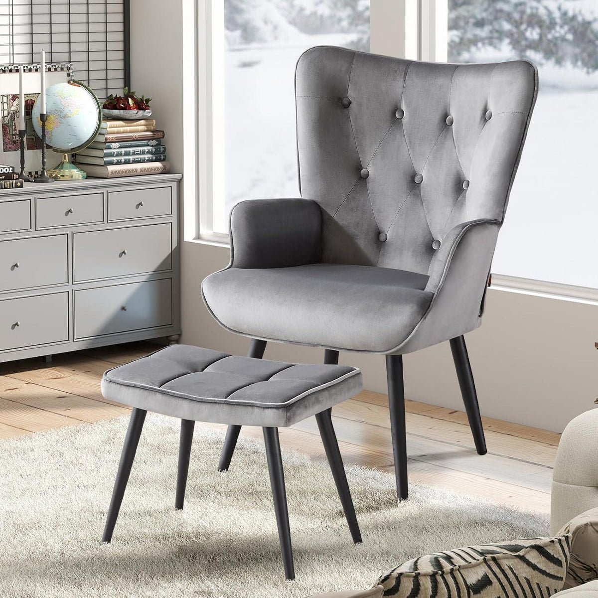 Samt Ohrensessel mit Hocker – Grau, Wohnzimmer Relaxsessel