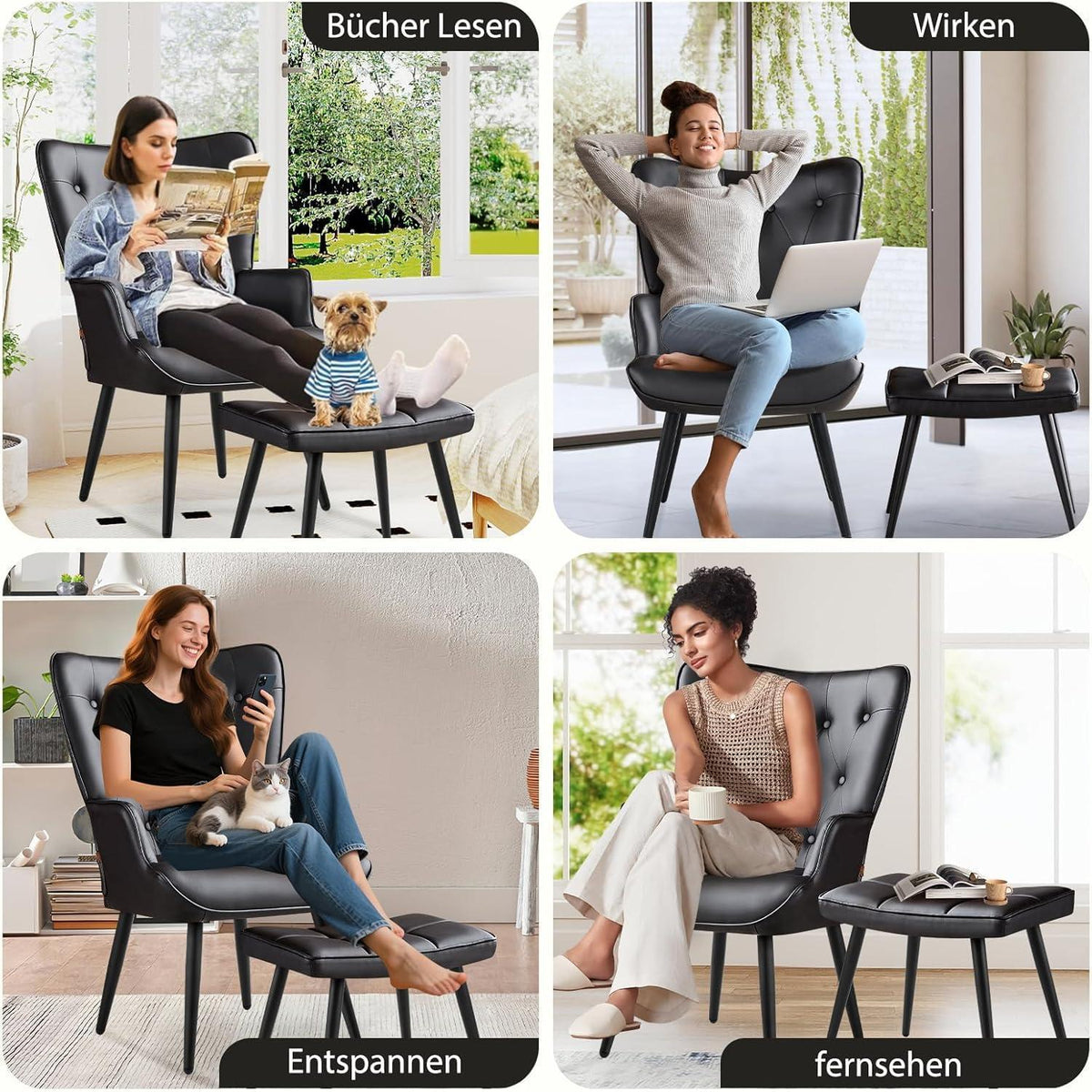 Ohrensessel mit Hocker, Schwarz – Bequemer Relaxsessel für Wohnzimmer
