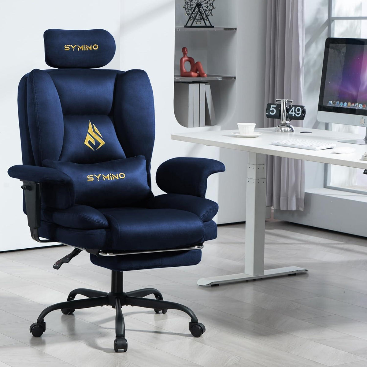 Gaming Stuhl mit Fußstütze, Chefsessel Dunkelblau