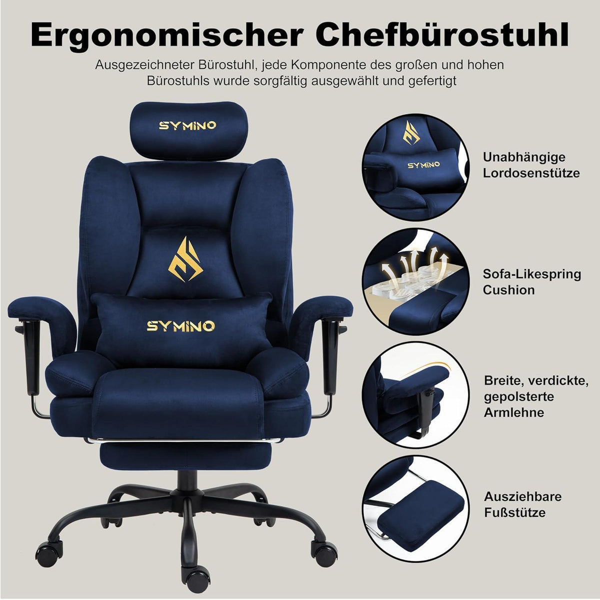 Gaming Stuhl mit Fußstütze, Chefsessel Dunkelblau