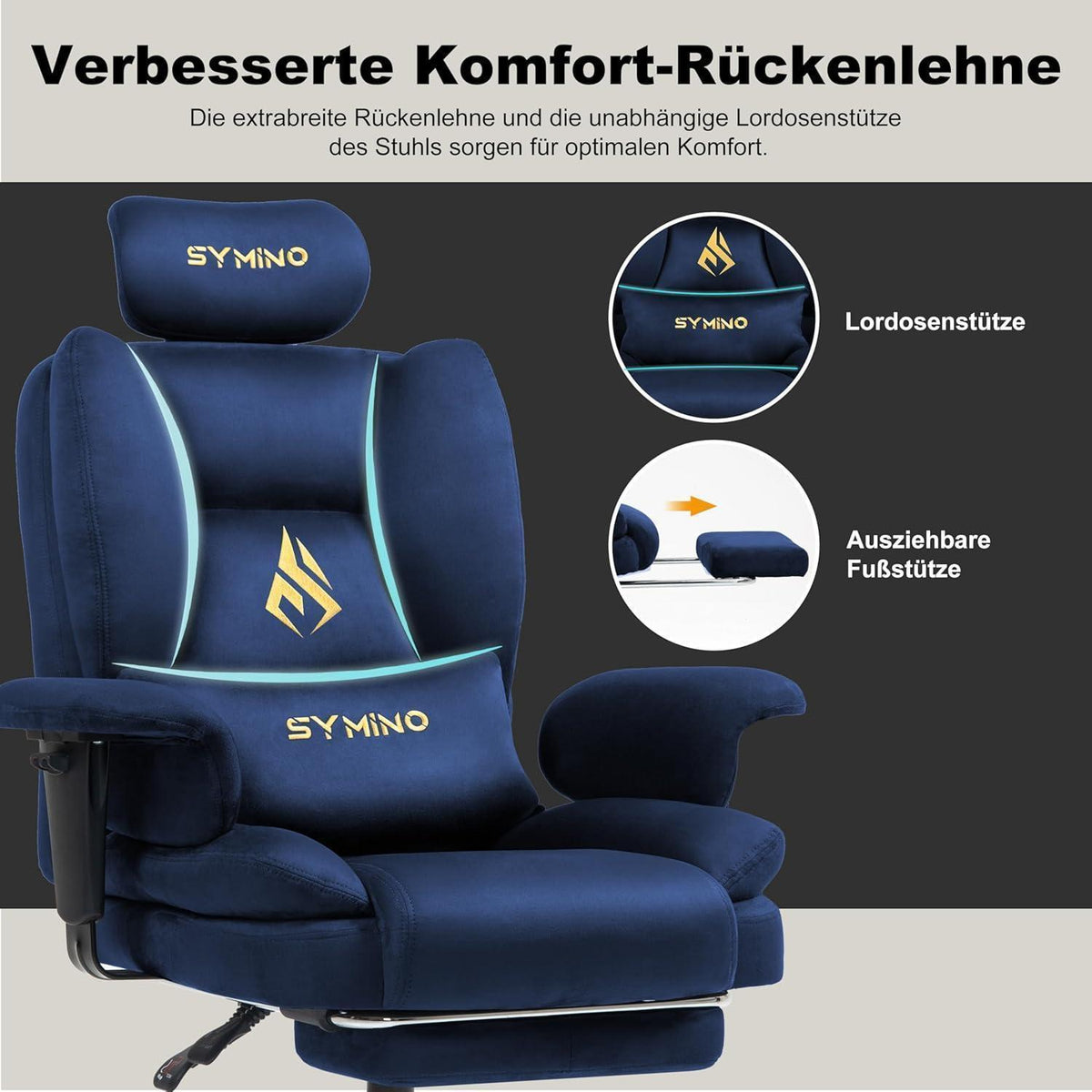 Gaming Stuhl mit Fußstütze, Chefsessel Dunkelblau