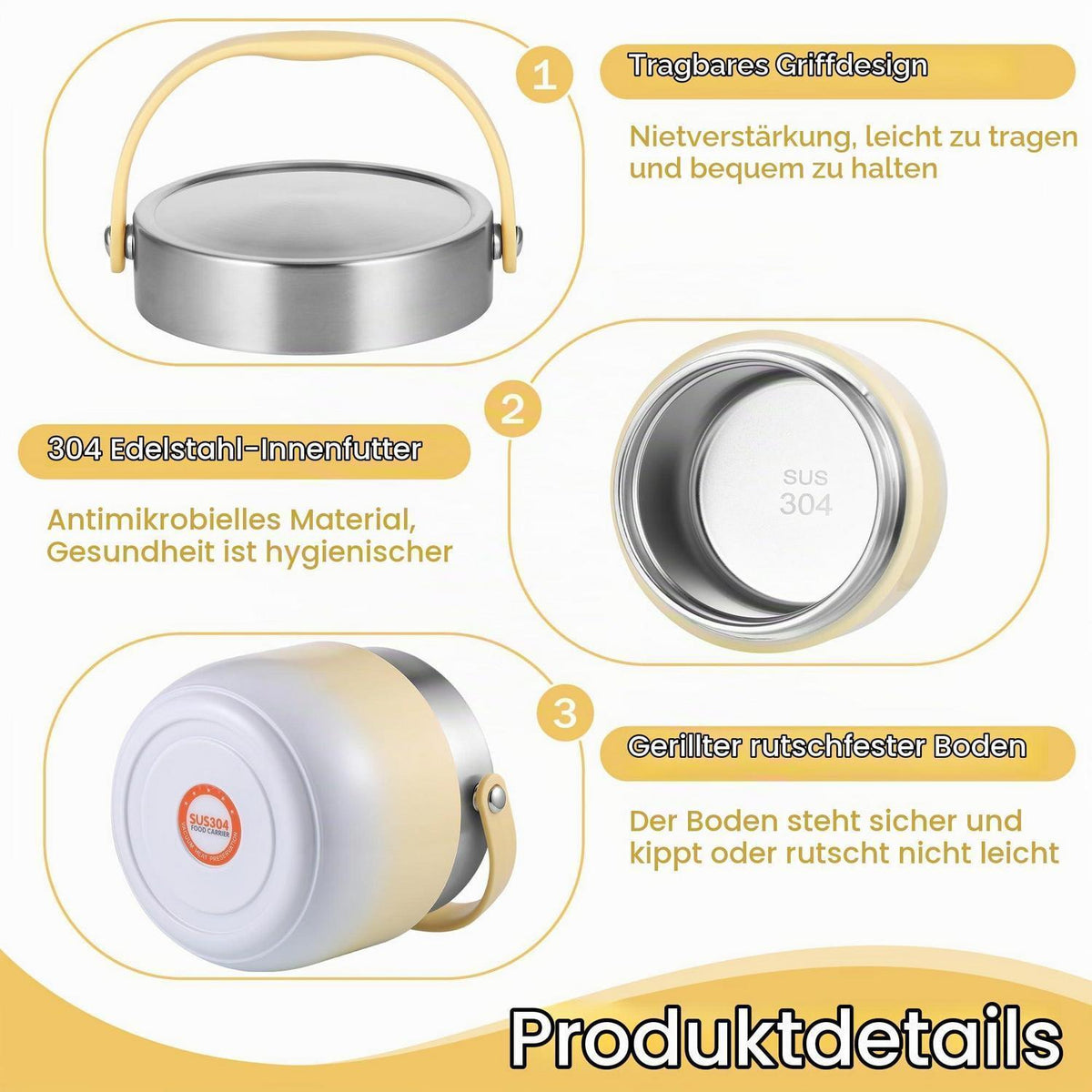 Edelstahl Thermobehälter 1,2L Gelb für Essen