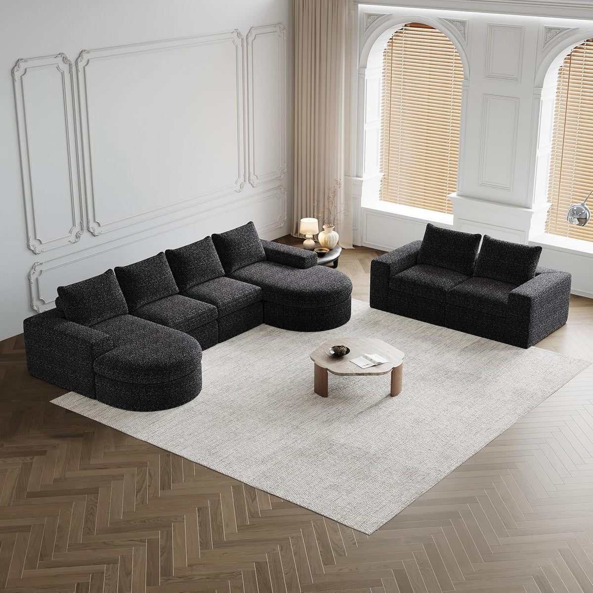Modulares Ecksofa mit Liegefläche & Nackenkissen – Schwarz