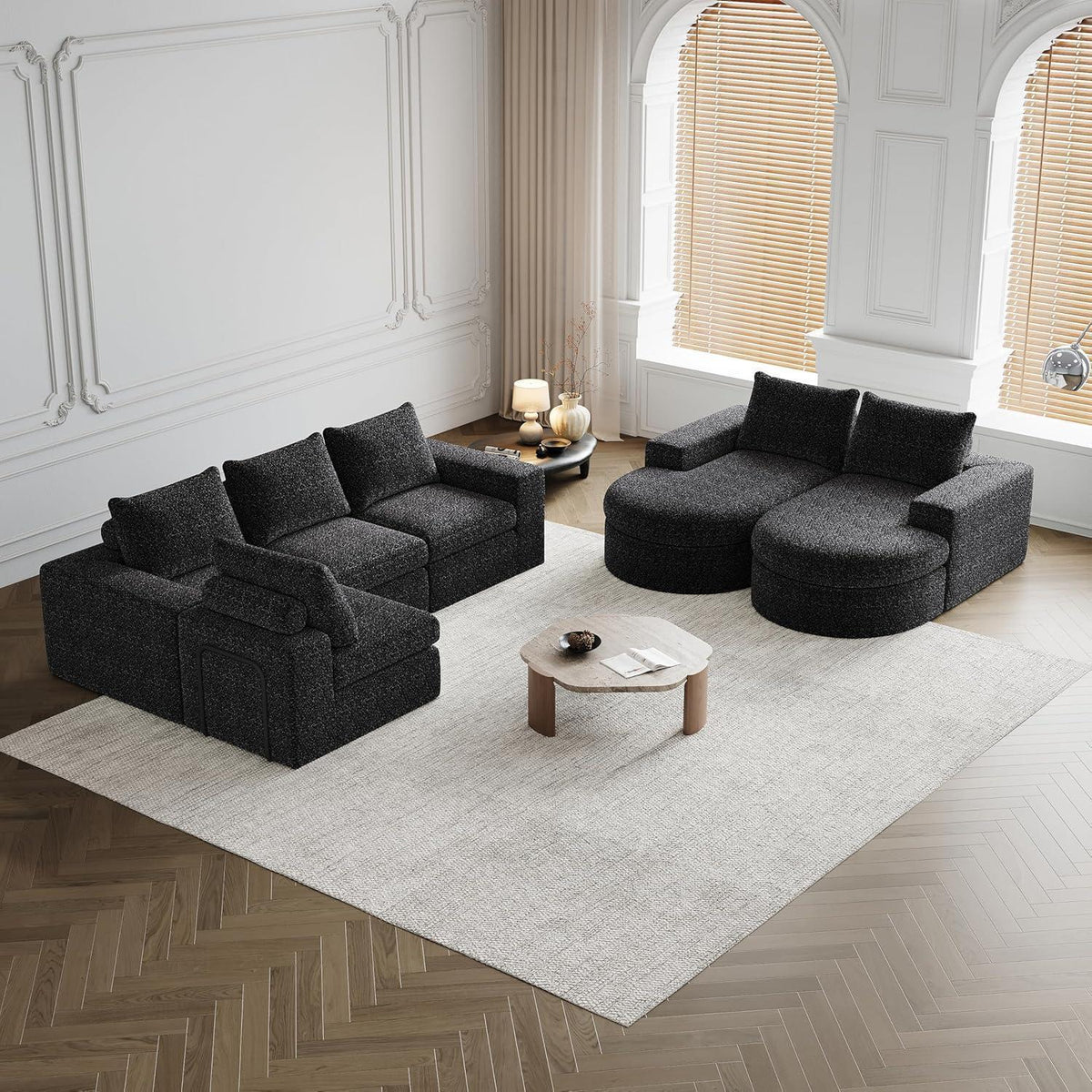 Modulares Ecksofa mit Liegefläche & Nackenkissen – Schwarz