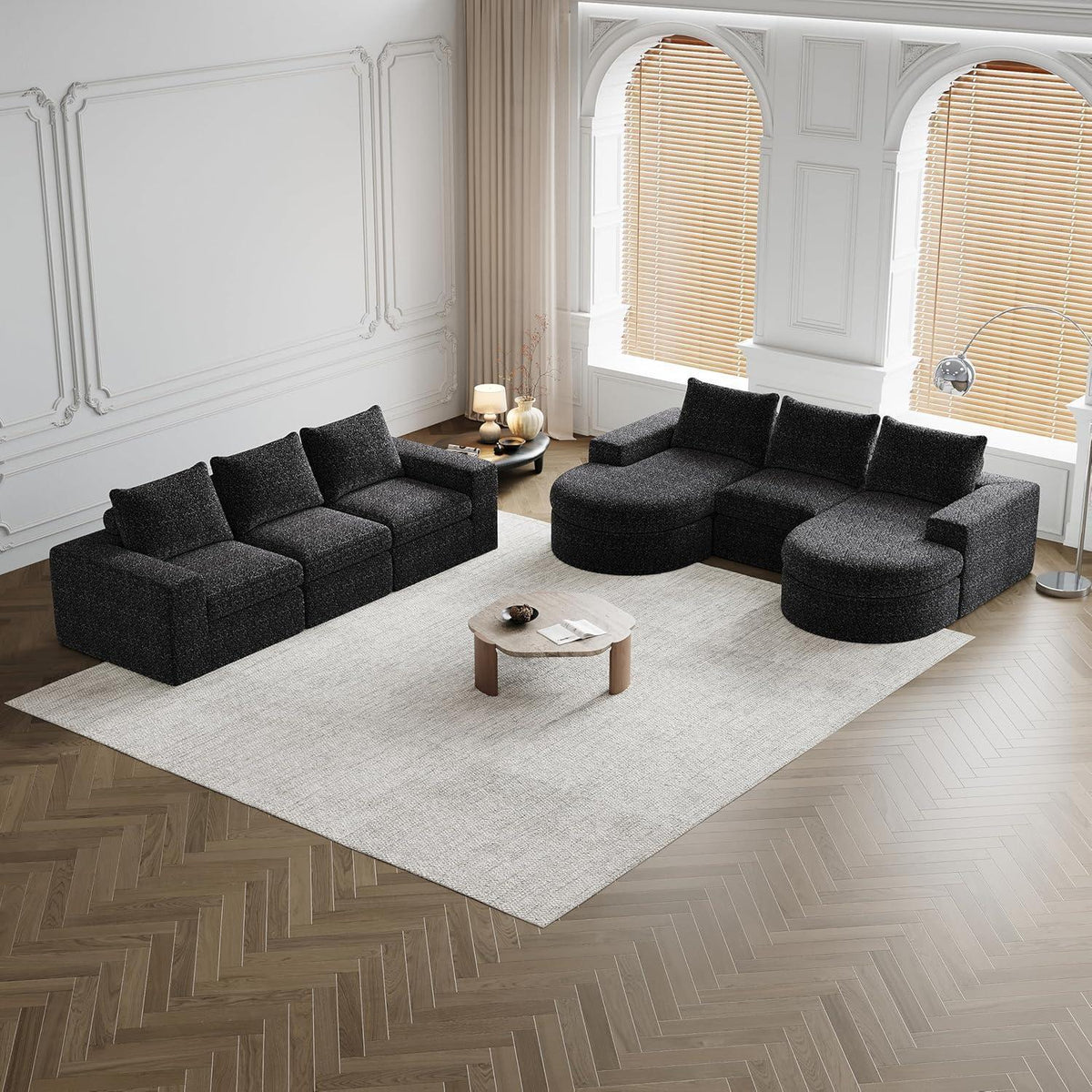Modulares Ecksofa mit Liegefläche & Nackenkissen – Schwarz