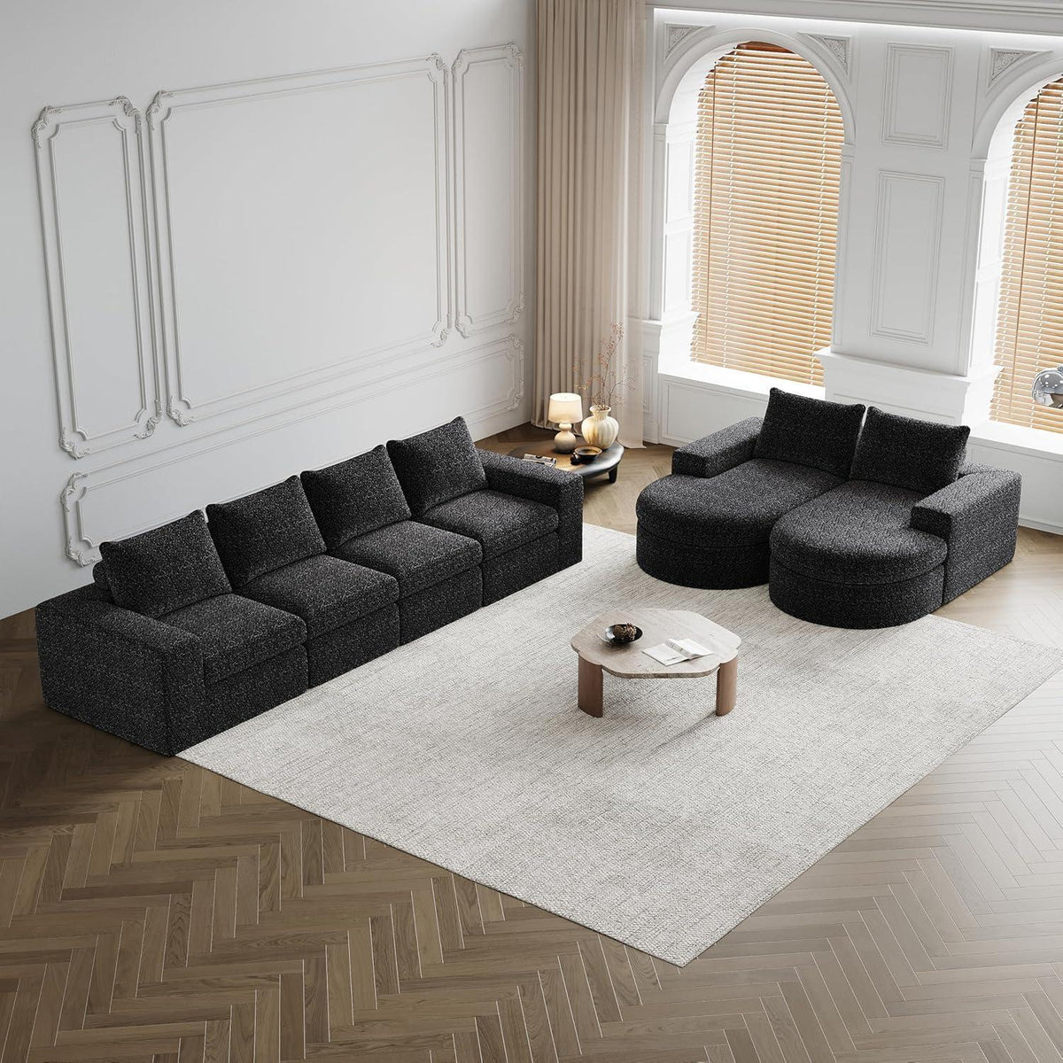 Modulares Ecksofa mit Liegefläche & Nackenkissen – Schwarz