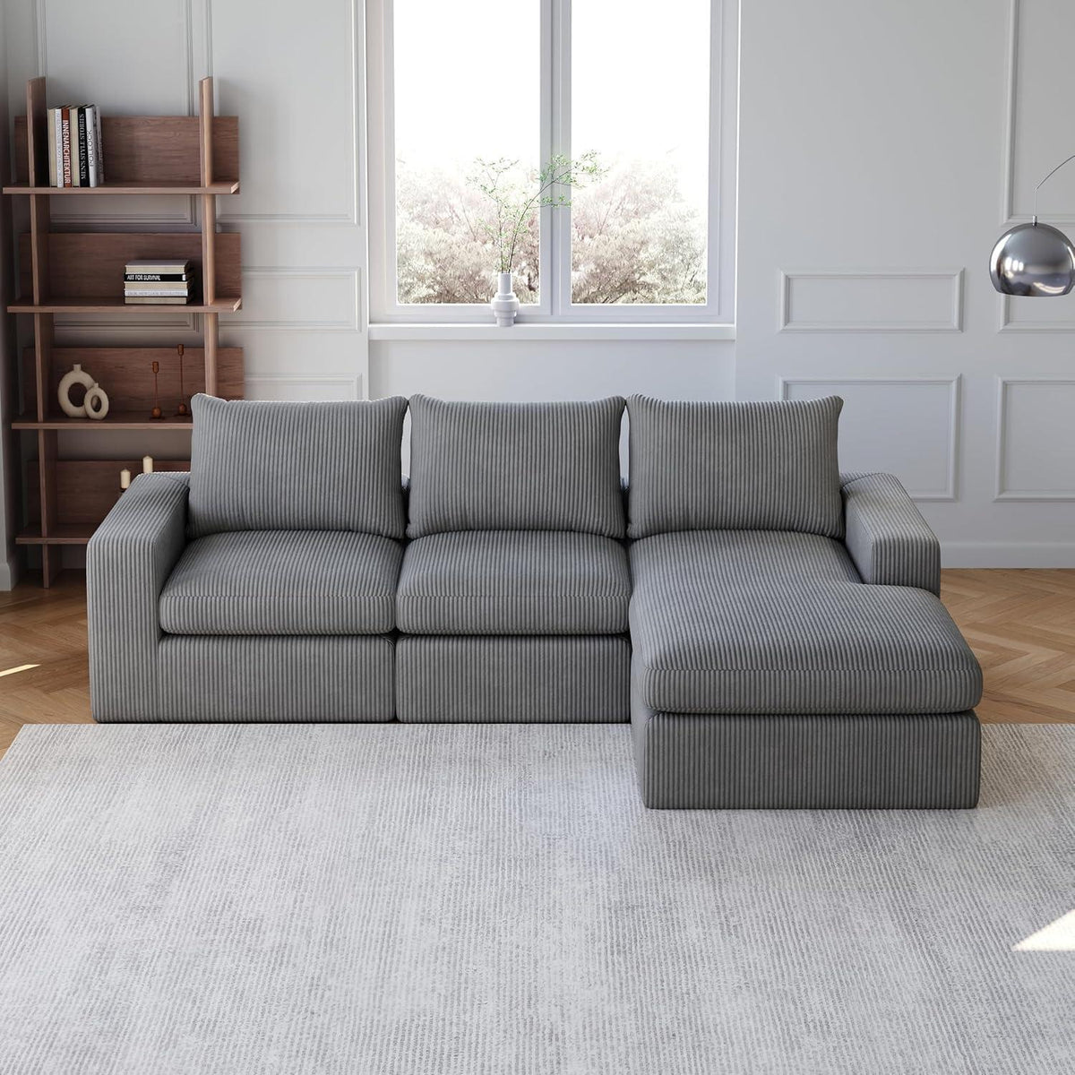 Modernes L-förmiges Cord Sofa | Ecksofa 3-Sitzer mit verstellbarer Liege