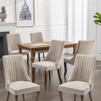 Esszimmerstühle 6er Set, Beige – Massivholz & Chenille-Stoff