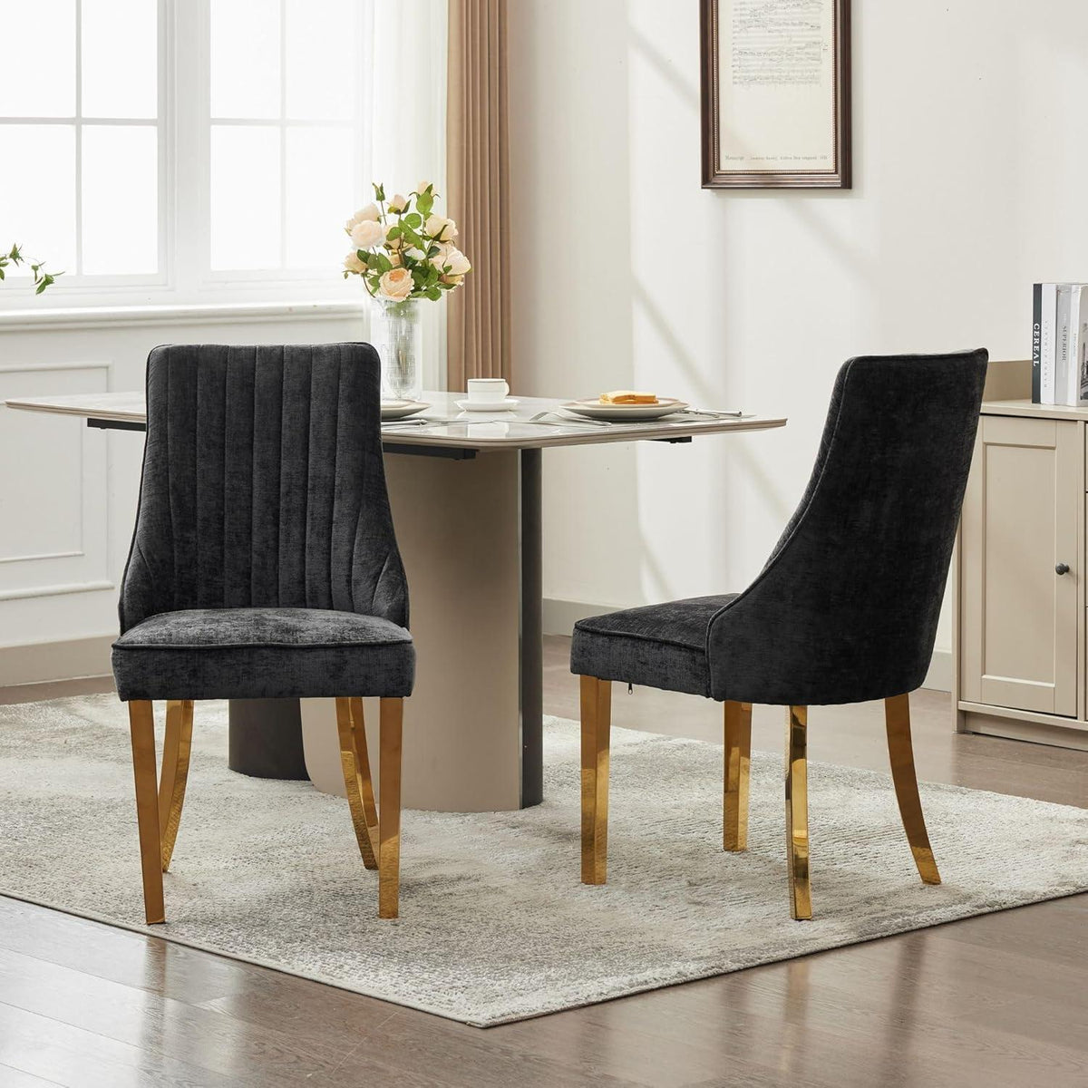 Esszimmerstühle 2er Set mit goldenen Edelstahlbeinen & Chenille-Stoff