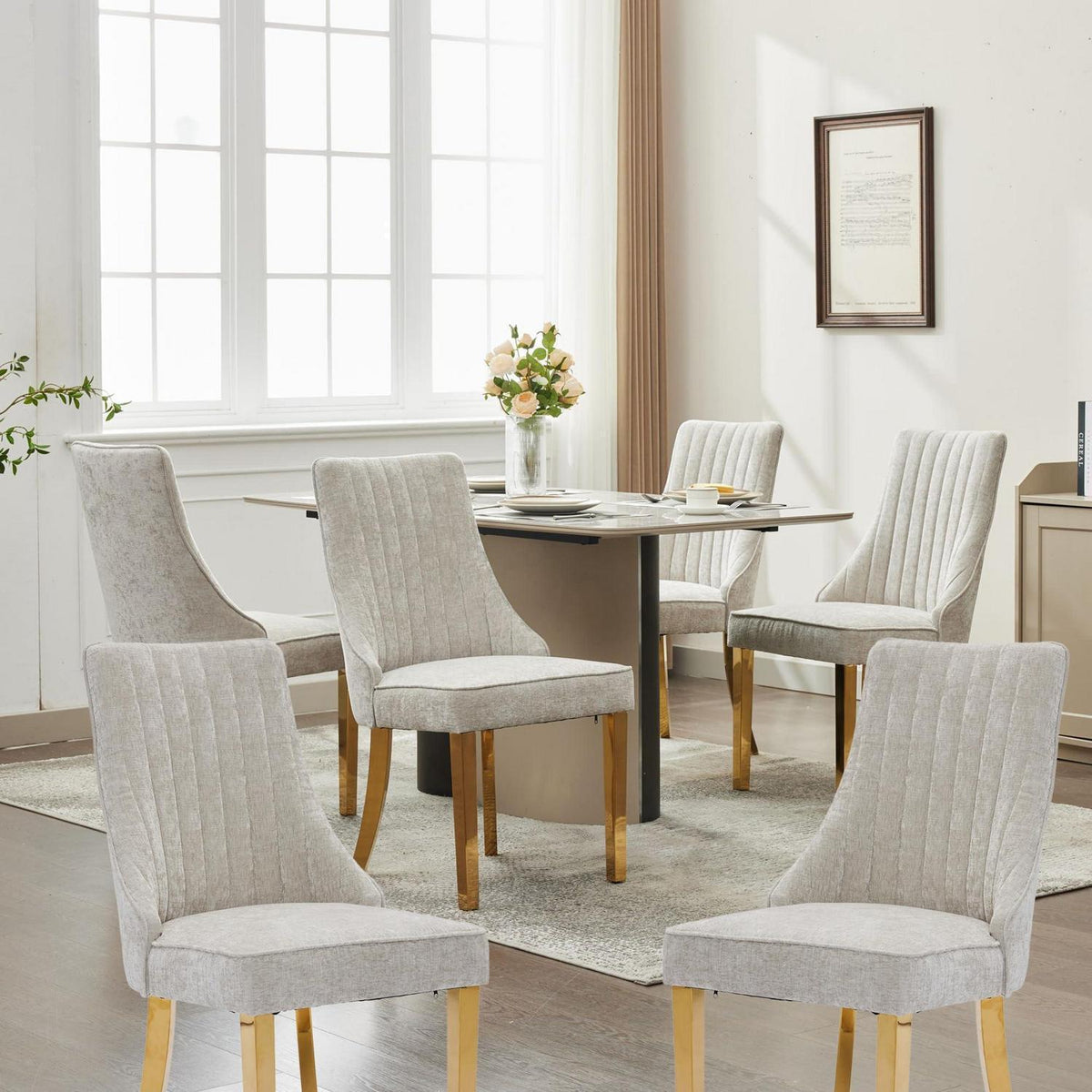 Esszimmerstühle 6er Set Beige, Chenille-Stoff & Goldene Beine