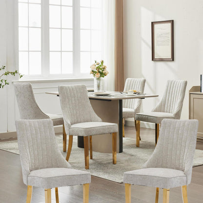 Esszimmerstühle 6er Set Beige, Chenille-Stoff & Goldene Beine