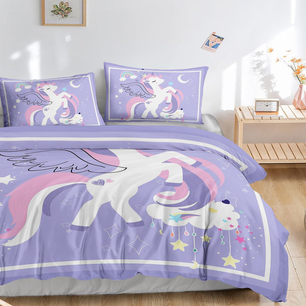 Einhorn Bettwäsche Set 200x200 cm Lila mit Regenbögen