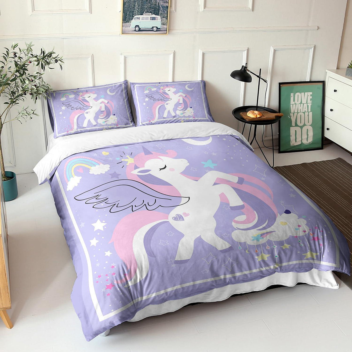 Einhorn Bettwäsche Set 200x200 cm Lila mit Regenbögen