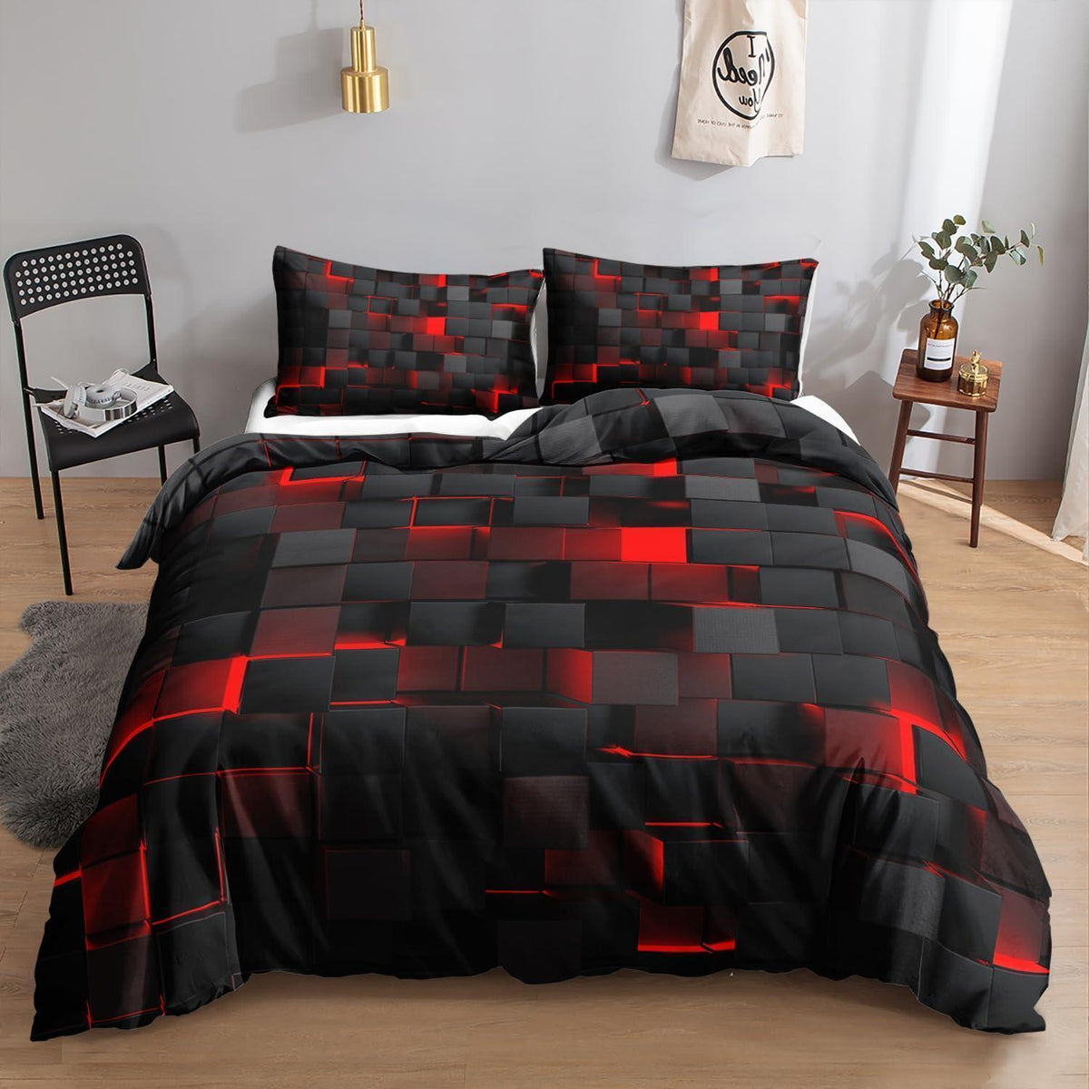 Würfel 3D Bettwäsche Set 200x200 cm Schwarz Rot
