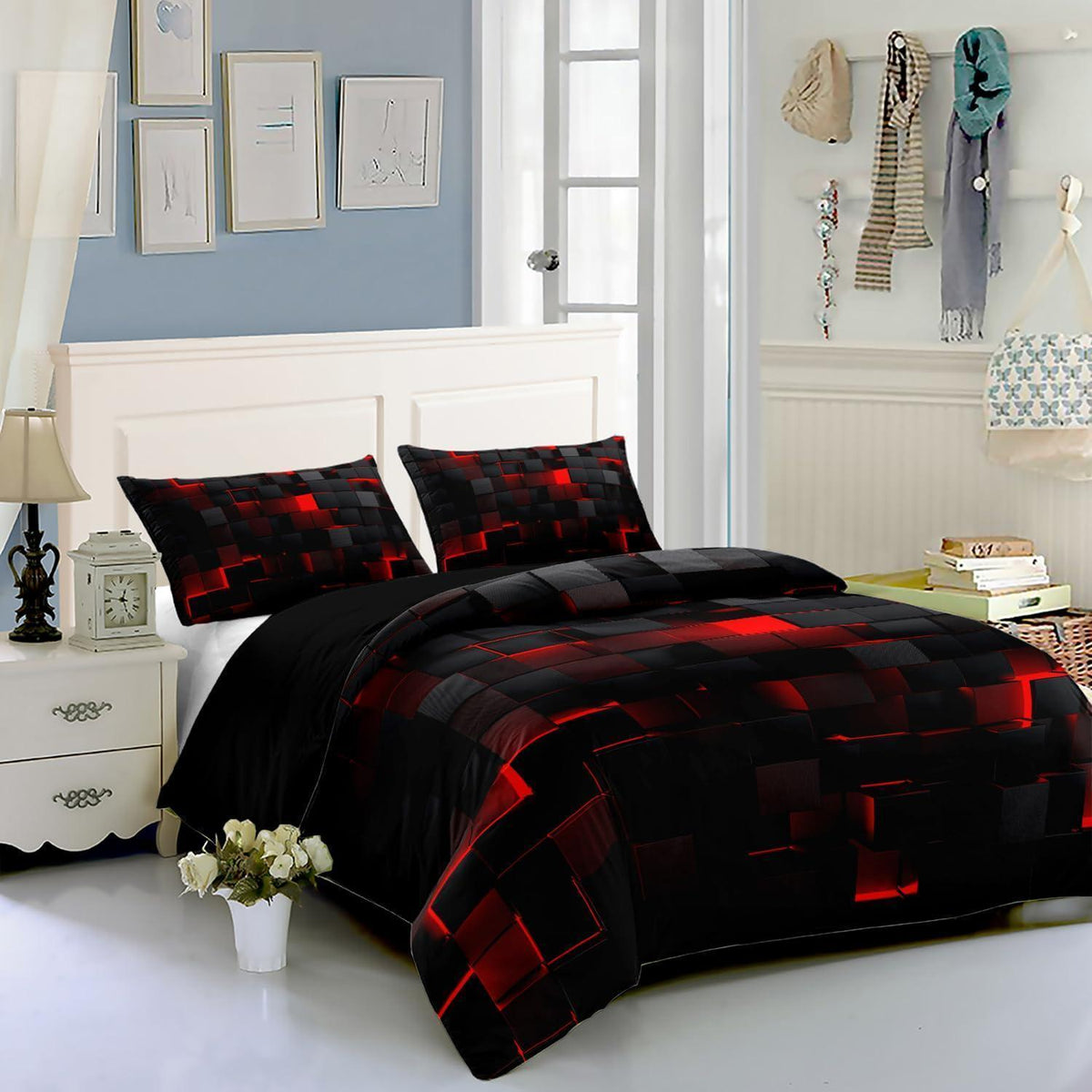 Würfel 3D Bettwäsche Set 200x200 cm Schwarz Rot