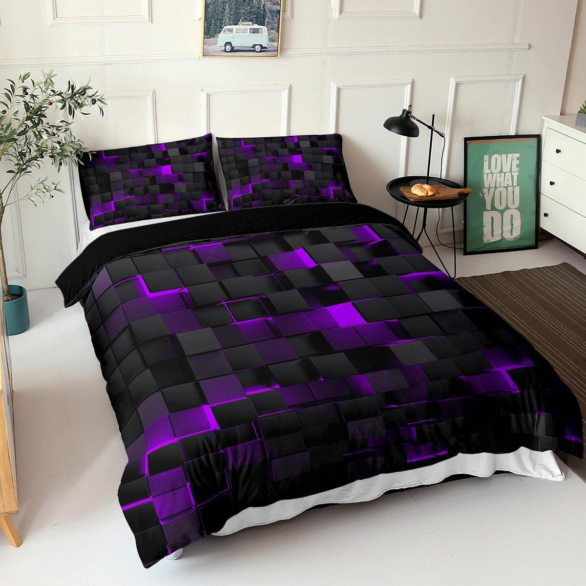 Würfel 3D Bettwäsche Set Schwarz Lila 200x200 cm