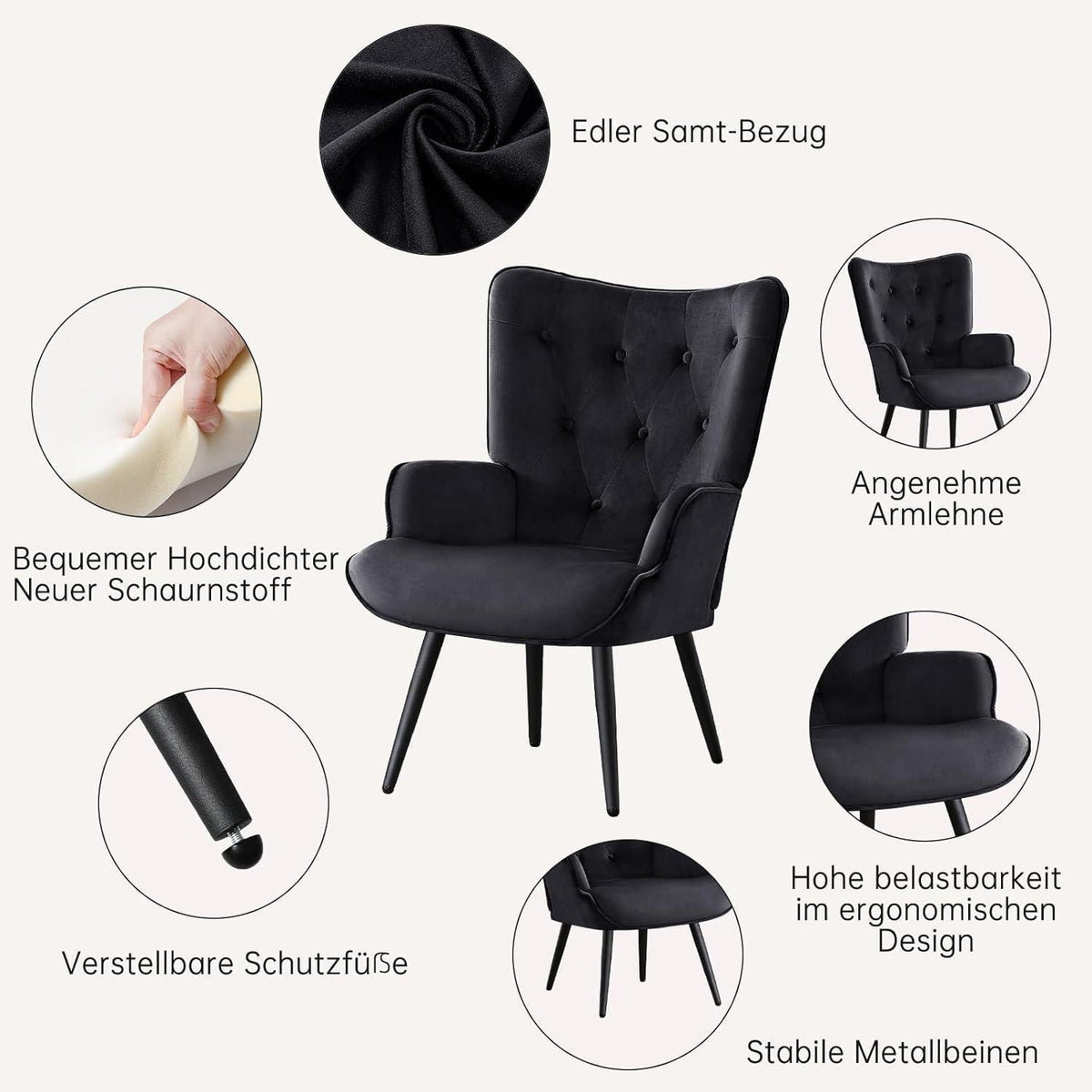 Ohrensessel 2er Set Schwarz – Skandinavischer Samt Relaxsessel