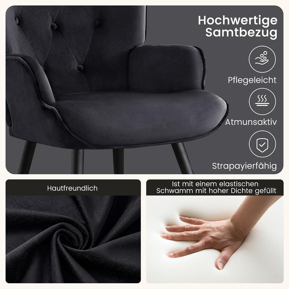 Ohrensessel 2er Set Schwarz – Skandinavischer Samt Relaxsessel