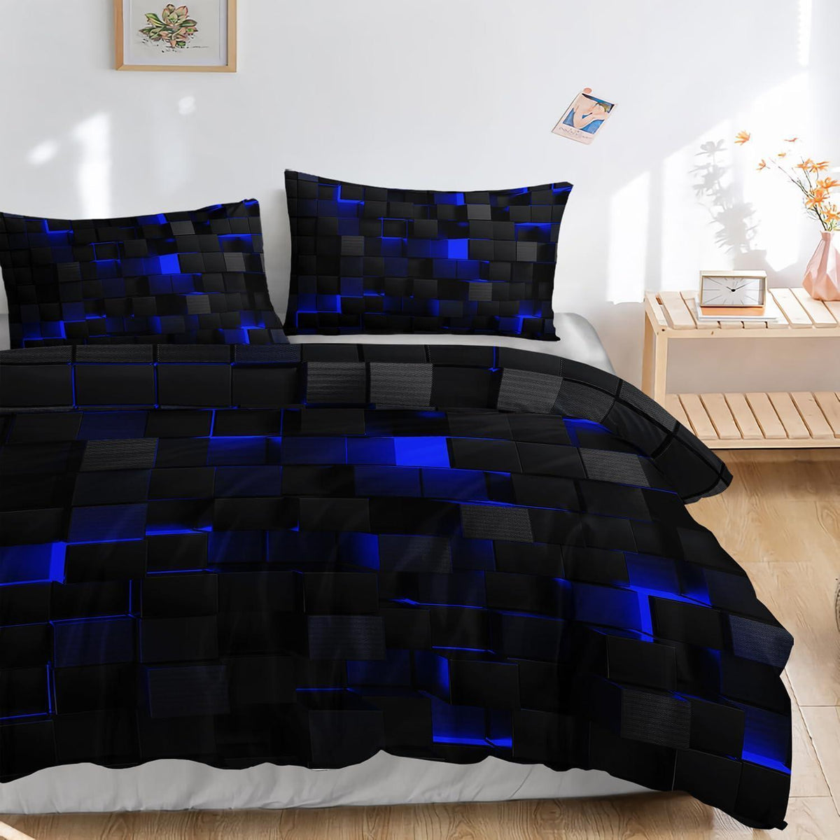 Würfel 3D Bettwäsche Set 200x200 cm Schwarz Blau