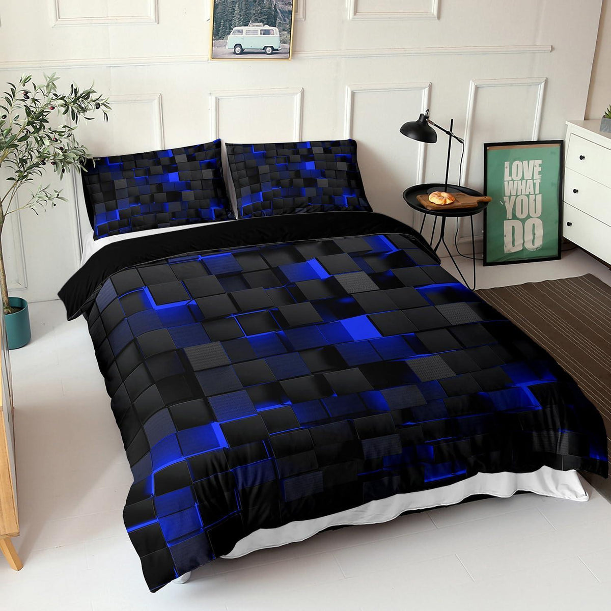 Würfel 3D Bettwäsche Set 200x200 cm Schwarz Blau