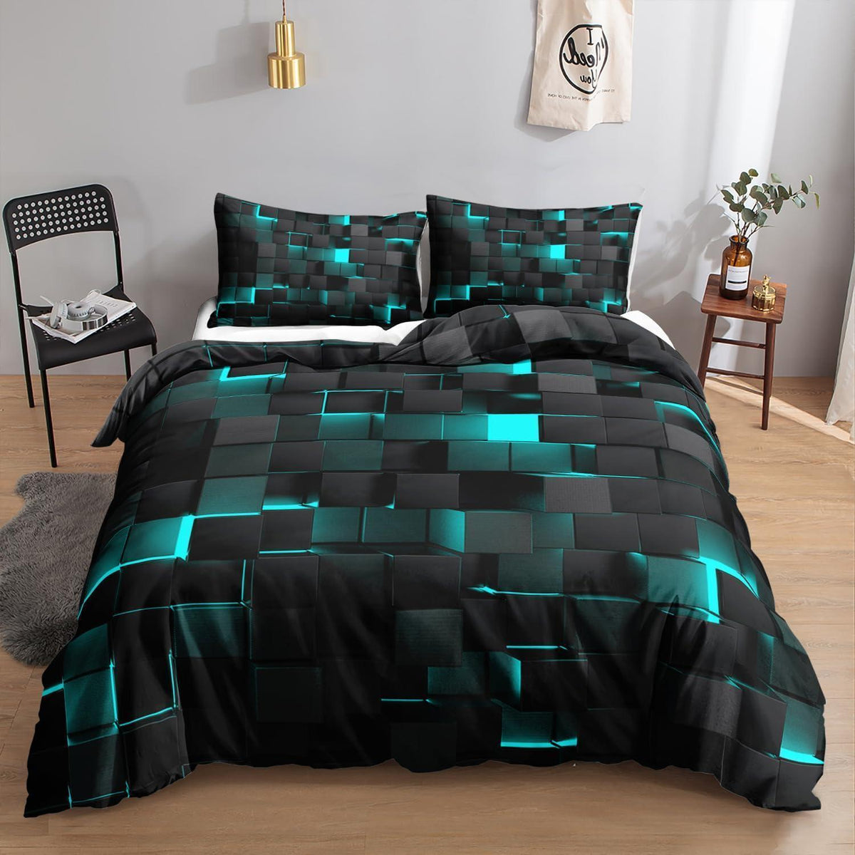 Würfel 3D Bettwäsche Set Schwarz Türkis 200x200 cm