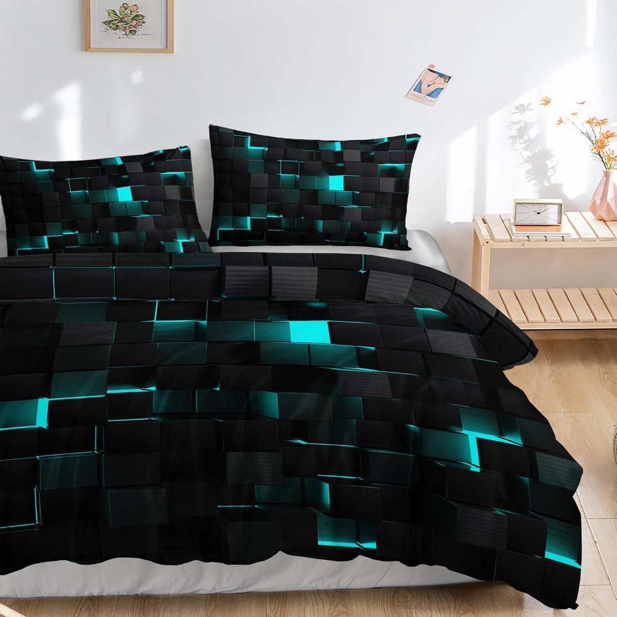 Würfel 3D Bettwäsche Set Schwarz Türkis 200x200 cm
