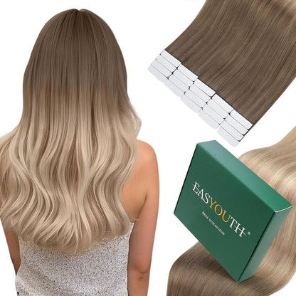 Echthaar Tape Extensions Braun Balayage Ombre 55cm