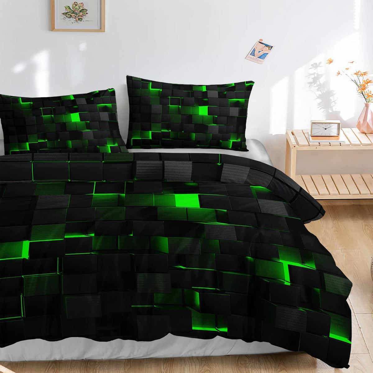 Würfel 3D Bettwäsche Set 200x200 cm Schwarz Grün