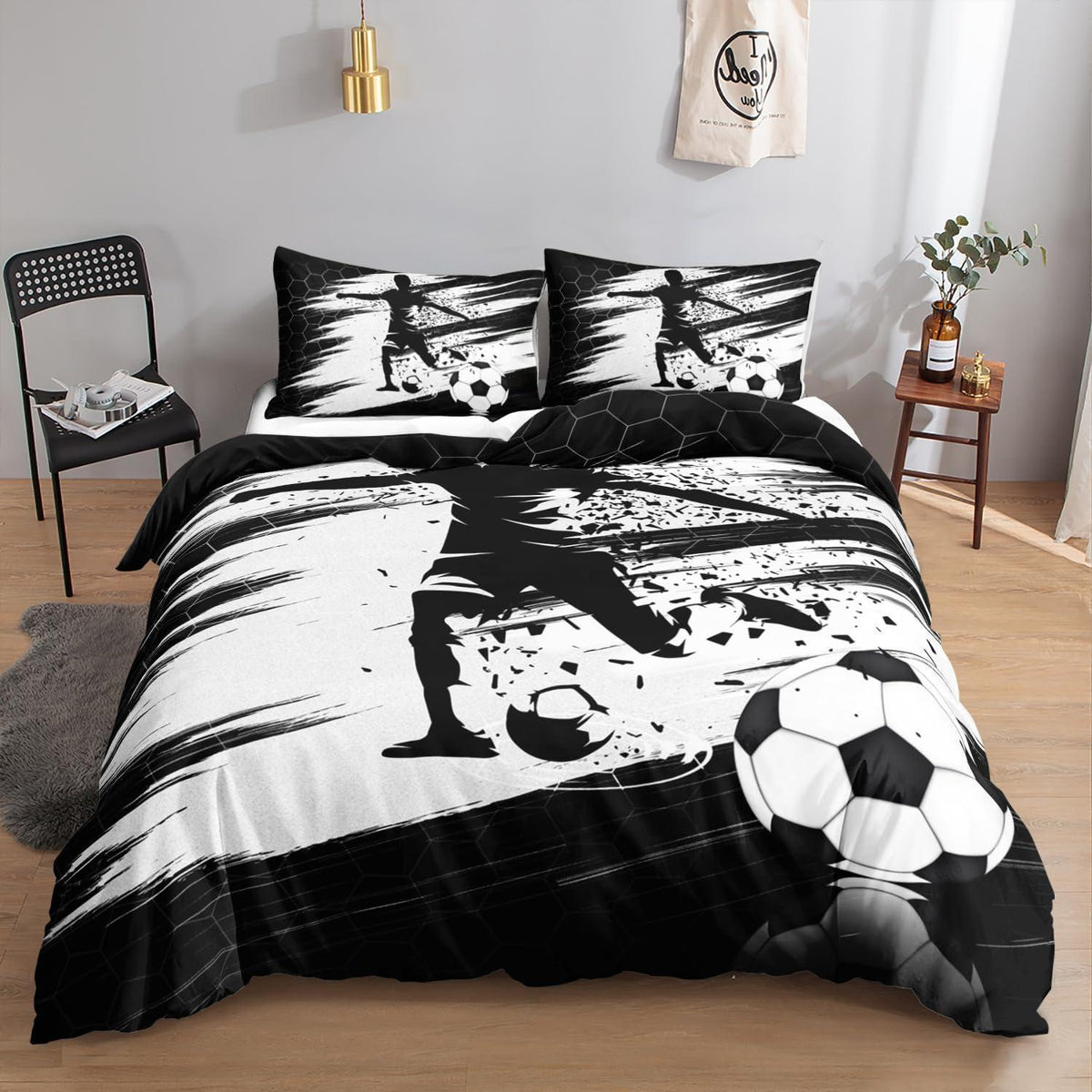 Fußball Bettwäsche Set Schwarz Weiß 200x200 cm