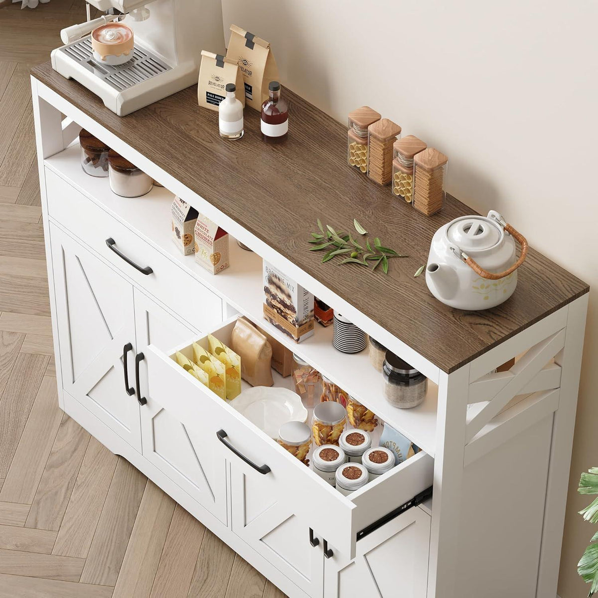 Weißes Sideboard mit 2 Schubladen & 4 Türen – Küchenschrank 140x40x105cm