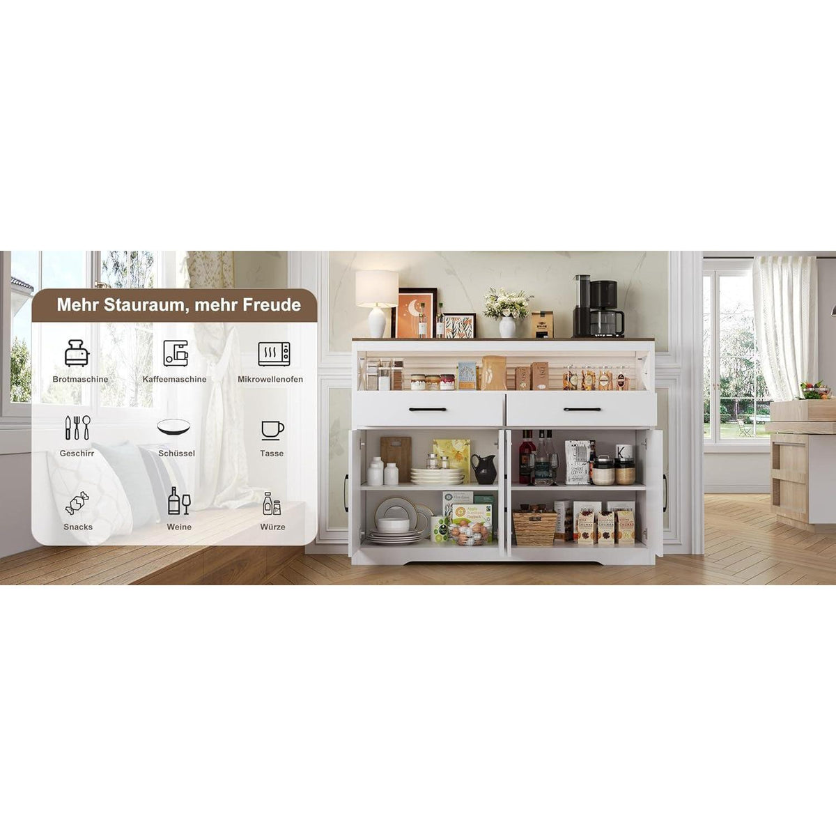 Weißes Sideboard mit 2 Schubladen & 4 Türen – Küchenschrank 140x40x105cm