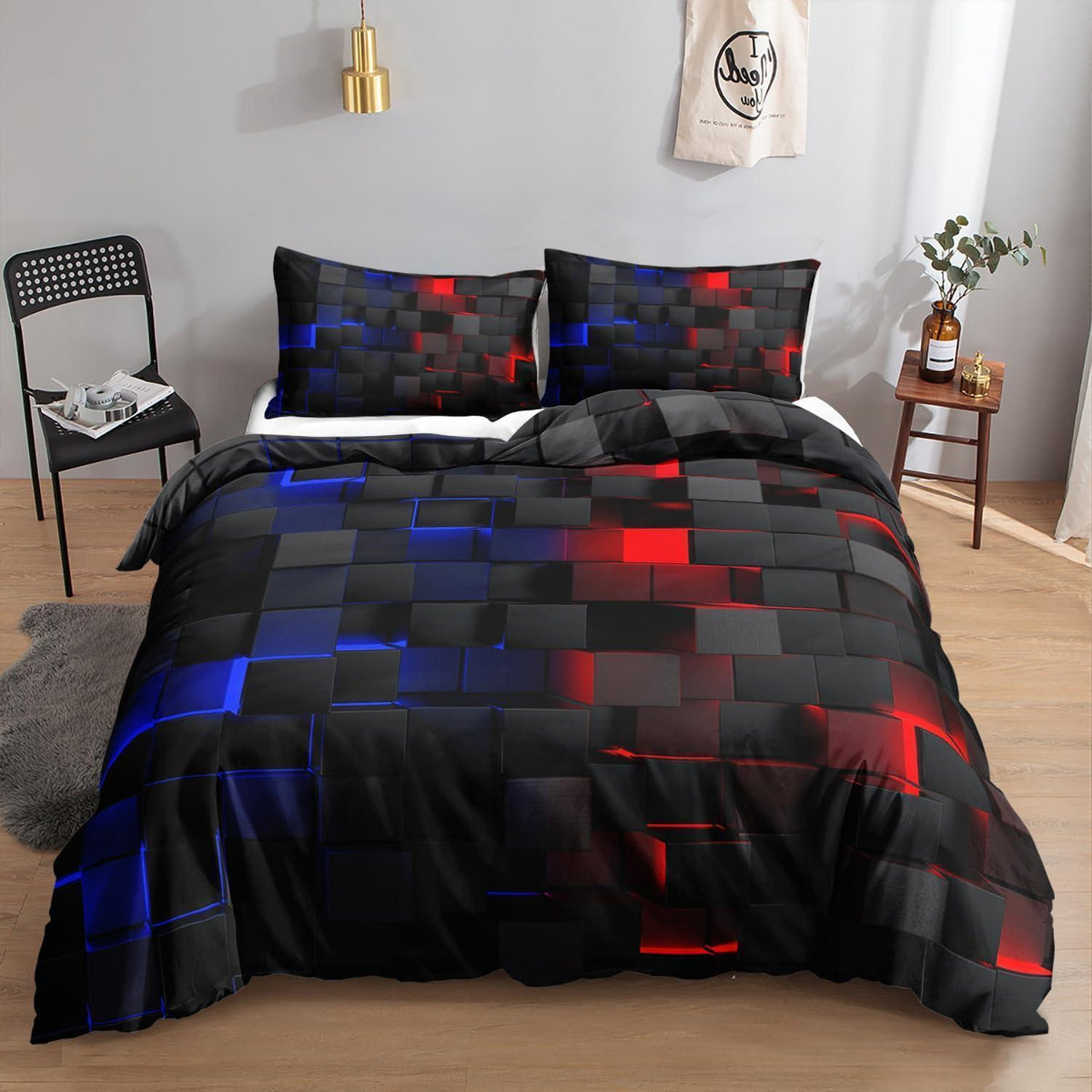 Würfel 3D Bettwäsche-Set 200x200 cm Schwarz Rot Blau