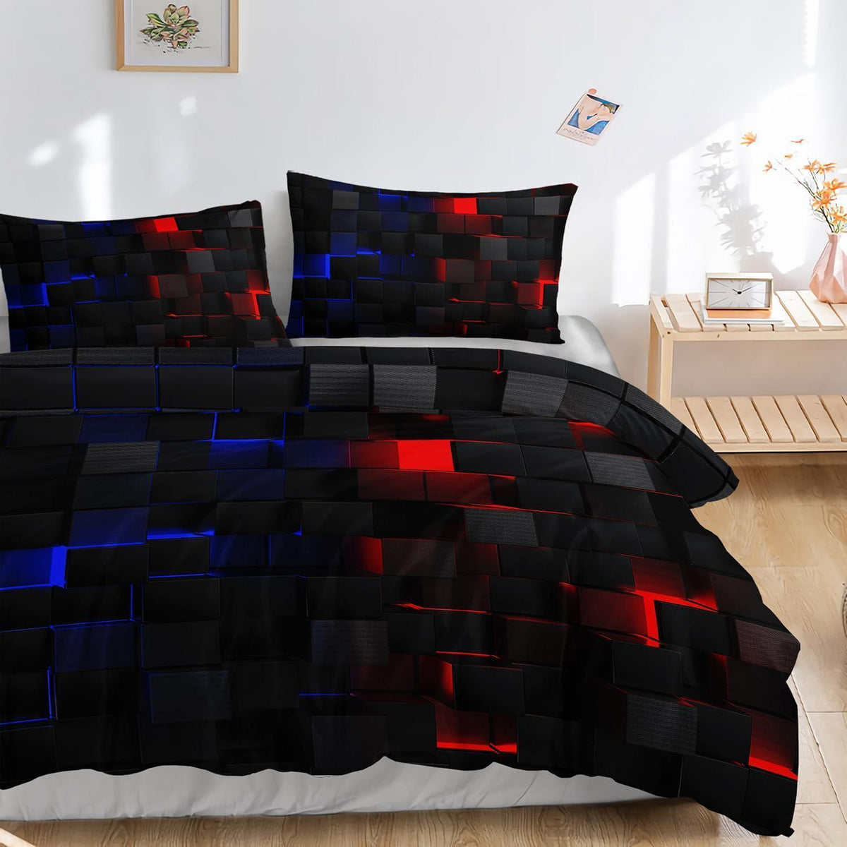 Würfel 3D Bettwäsche-Set 200x200 cm Schwarz Rot Blau