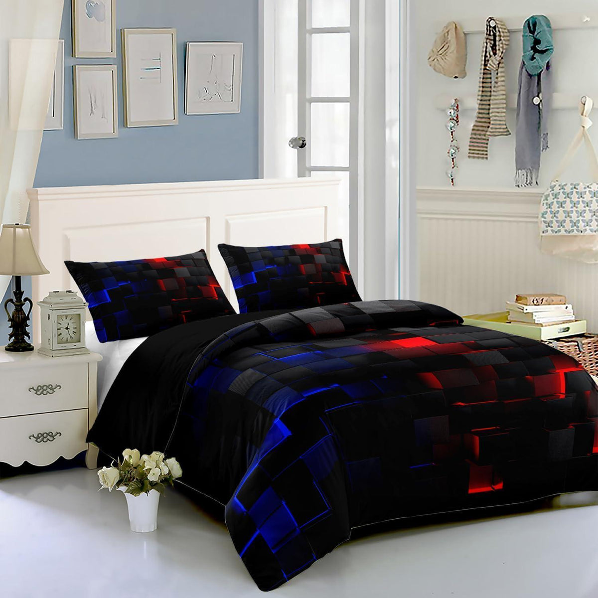 Würfel 3D Bettwäsche-Set 200x200 cm Schwarz Rot Blau