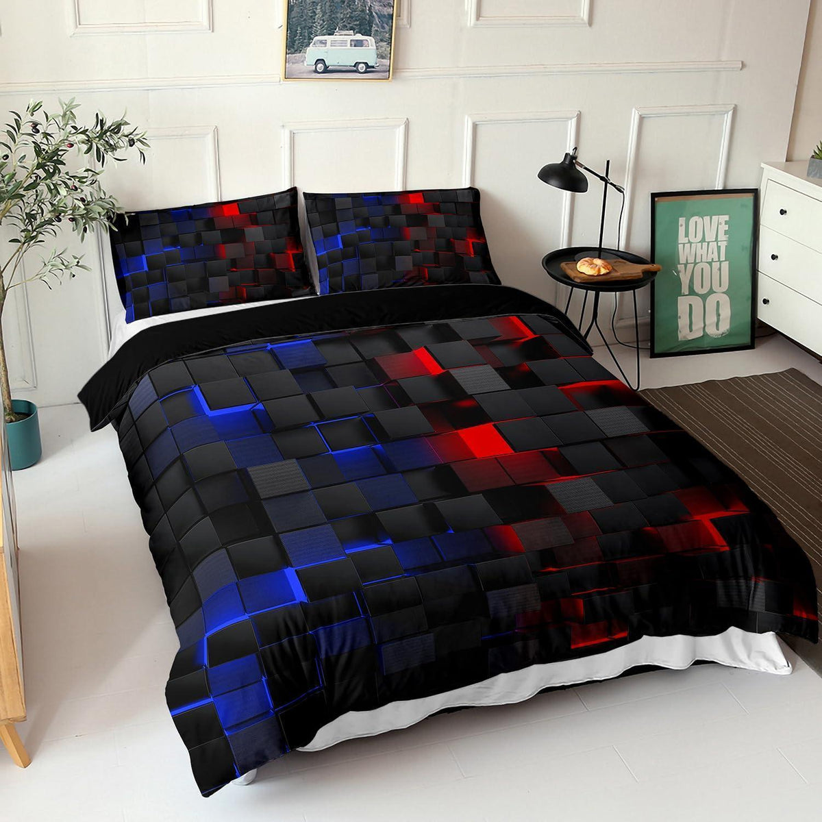 Würfel 3D Bettwäsche-Set 200x200 cm Schwarz Rot Blau