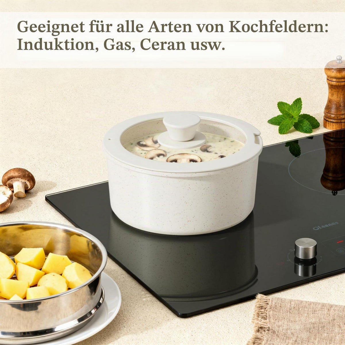 Induktions Kochgeschirr Set mit abnehmbaren Griffen & Antihaftbeschichtung