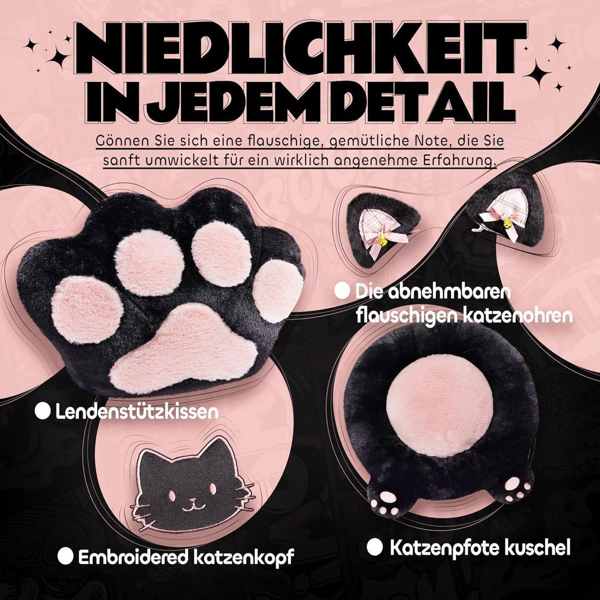 Gaming Stuhl mit Katzenohren und Fußstütze, Rosa