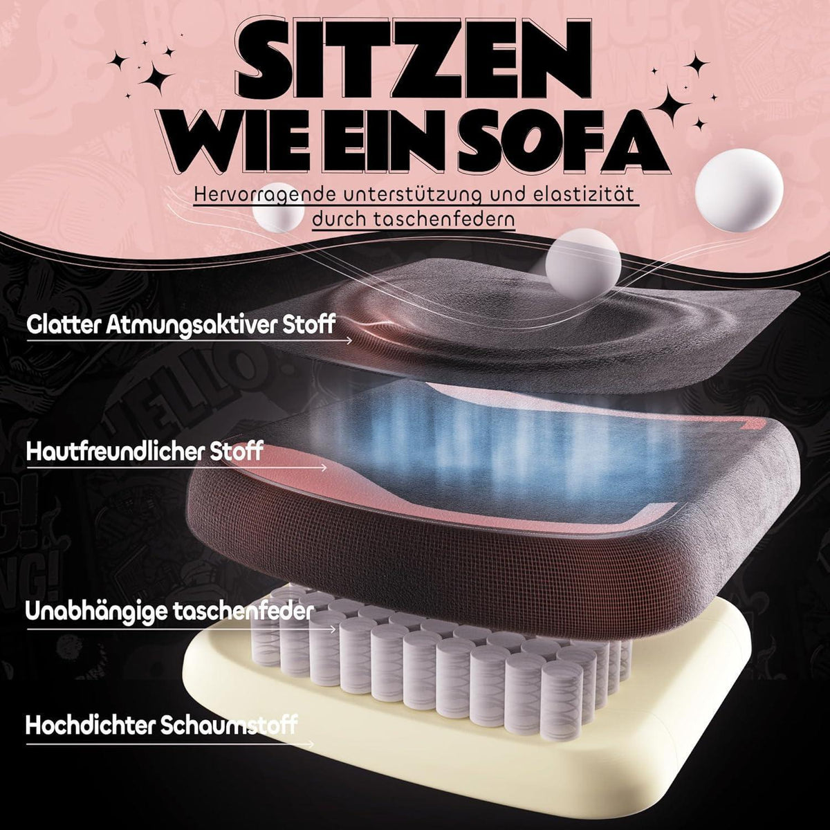 Gaming Stuhl mit Katzenohren und Fußstütze, Rosa