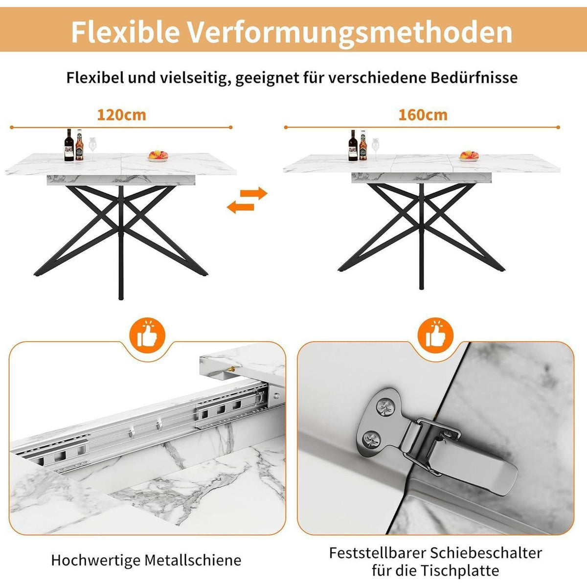 Ausziehbarer Esstisch Sternförmig Schwarz Weiß 120-160x80 cm