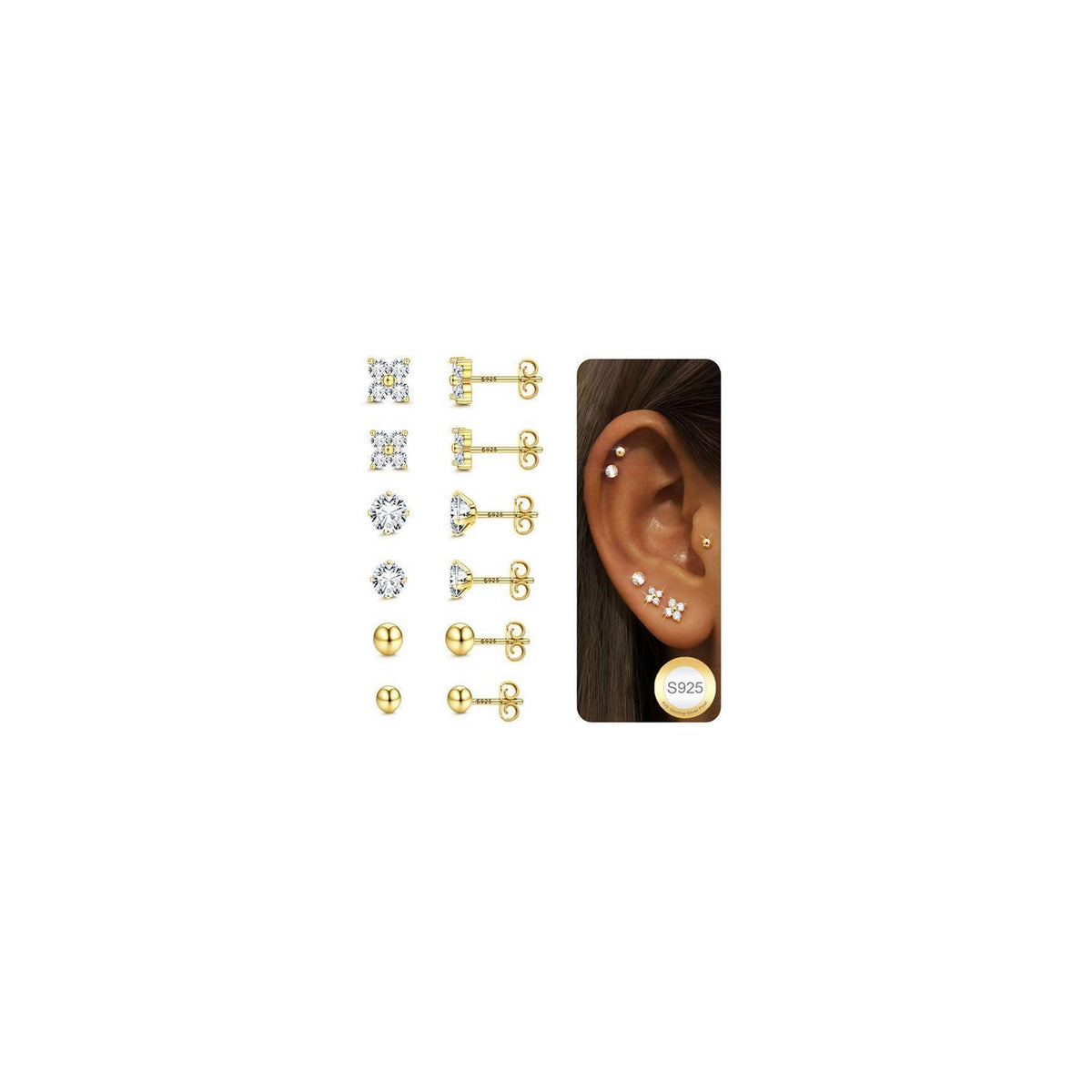 Silber Ohrstecker Damen Set 925 mit Zirkonia – 6 Paar