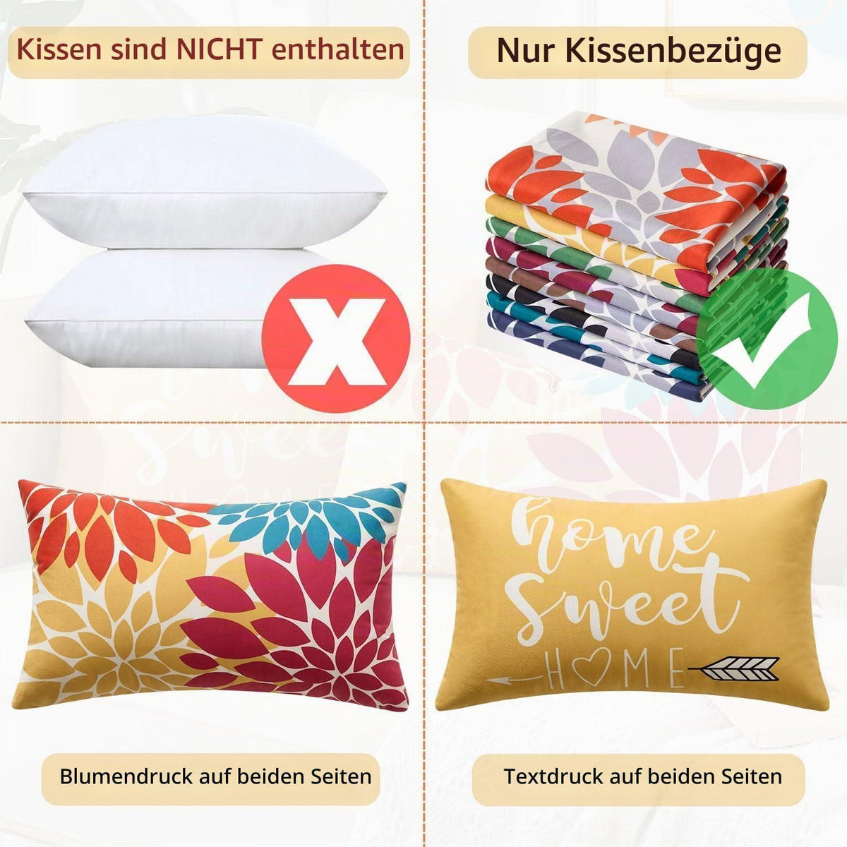 2x Kissenbezug 30x50 Blumenmuster Rot Orange Grau Petrol
