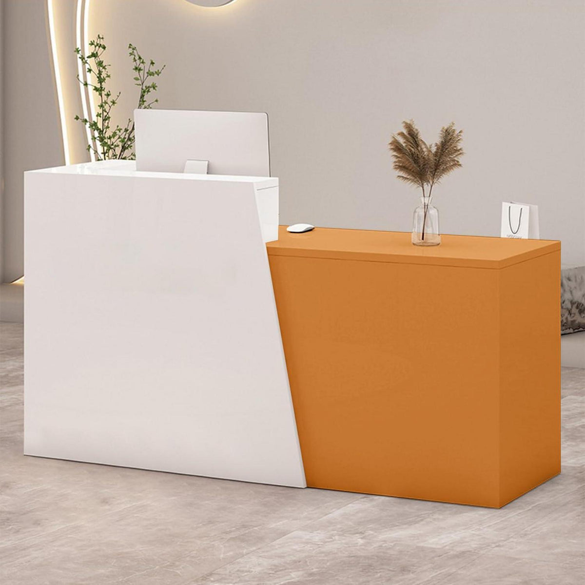 Empfangstheke mit Schublade – Weiß & Orange, 130cm