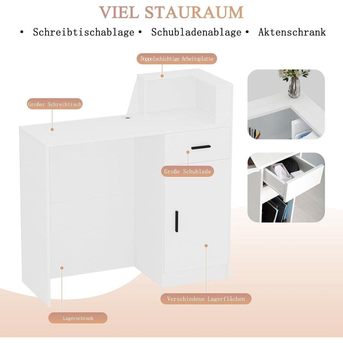 Empfangstheke mit Schublade – Weiß & Hellbraun, 130cm