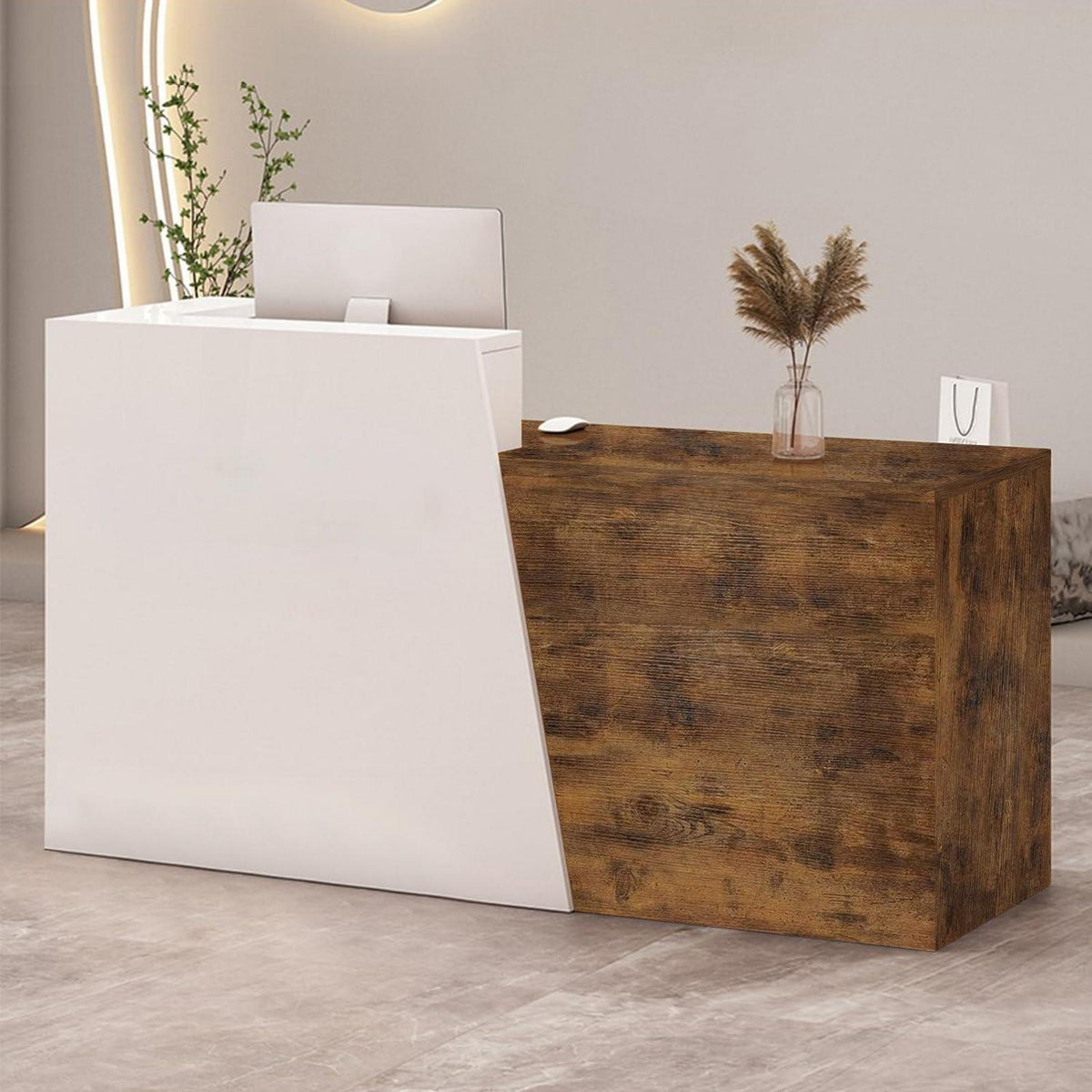 Empfangstheke mit Schublade & Ablage – Weiß & Flamed Wood