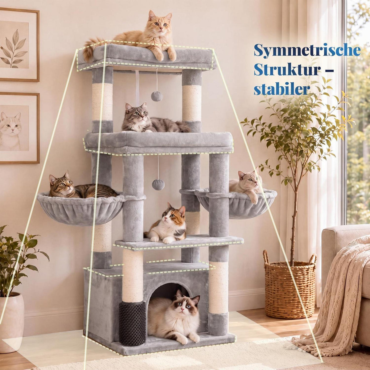 Kratzbaum für große Katzen – Stufen & 2 Körbe – Hellgrau